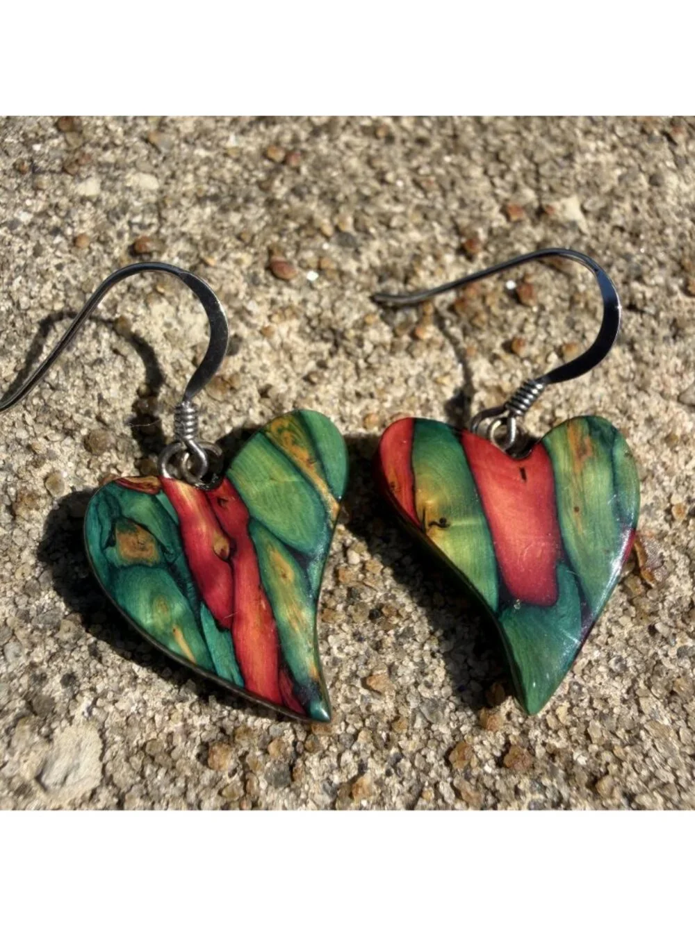 Colorful Dyed Burl Wood Heart Drop Earrings Handcrafted Bohemian Eco Friendly